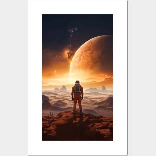 man in spacesuit watching moon from new planet Posters and Art